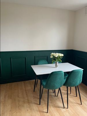 Close-up of painted green wall panelling